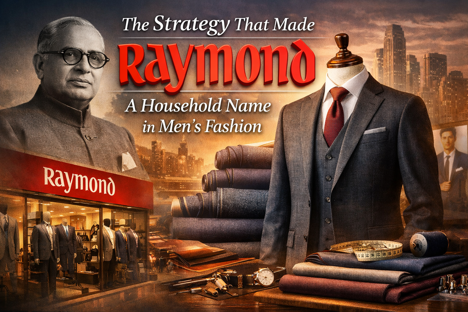 Raymond brand journey featured image showing premium men’s suit, fabric rolls, and legacy of India’s iconic menswear brand