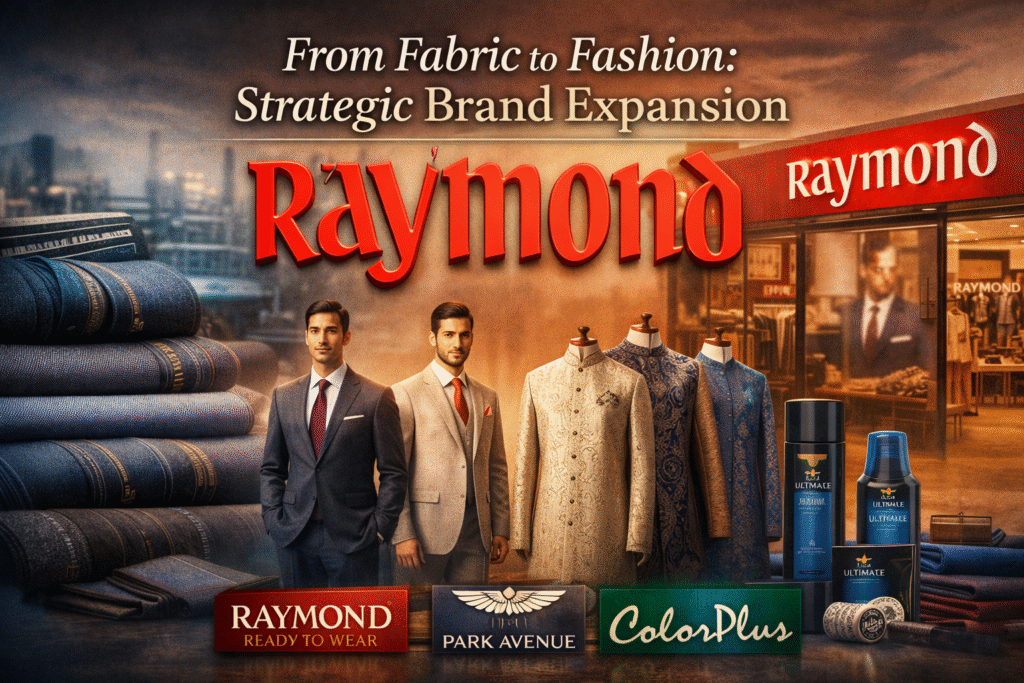 Raymond brand expansion image showing premium fabrics, tailored suits, ethnic wear, grooming products, and retail store symbolizing the journey from fabric to fashion