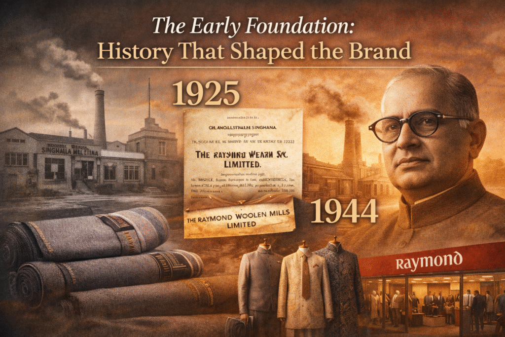 Raymond early history image showing 1925 textile mill, founder legacy, premium fabrics, and the foundation of India’s iconic men’s fashion brand