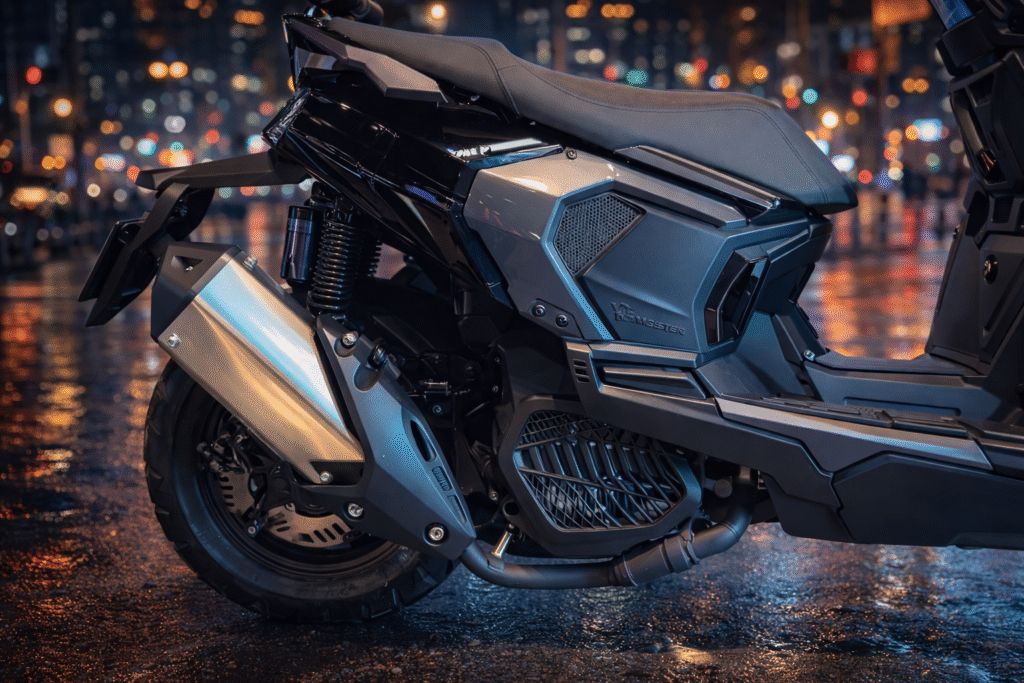 Side view of VLF Mobster 135 showcasing rear suspension, exhaust design, and premium body panels