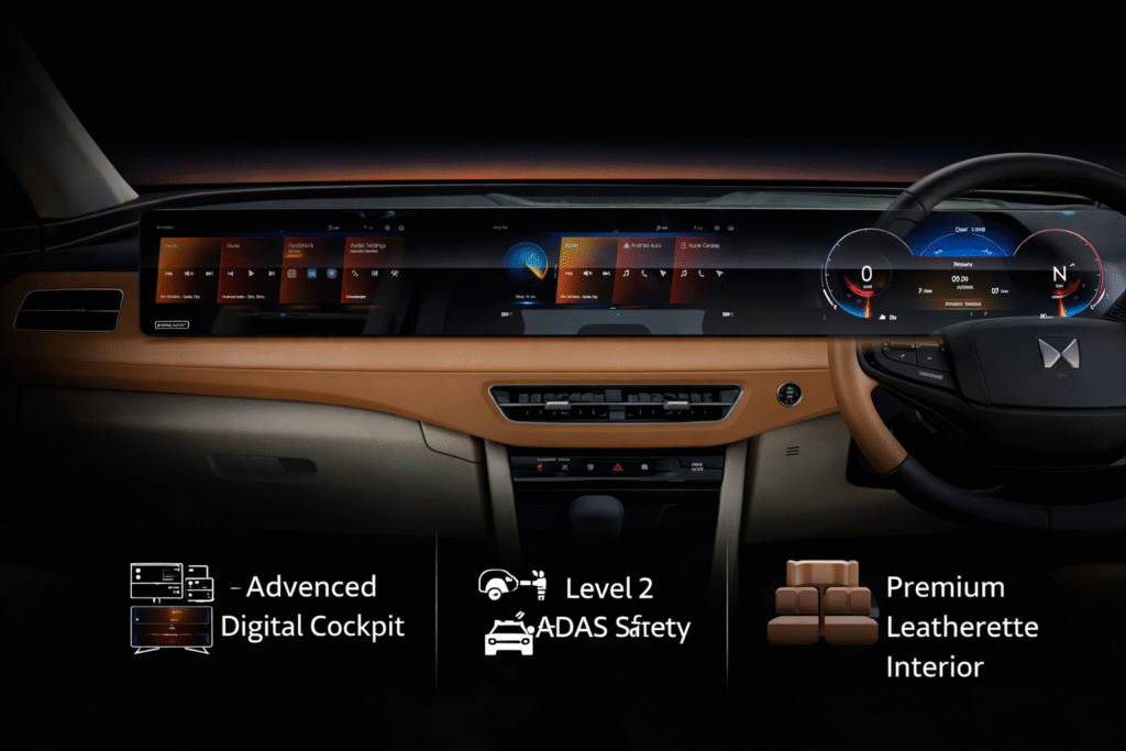 Mahindra XUV 7XO interior showing advanced triple-screen digital cockpit, premium leatherette dashboard, and modern steering wheel design
