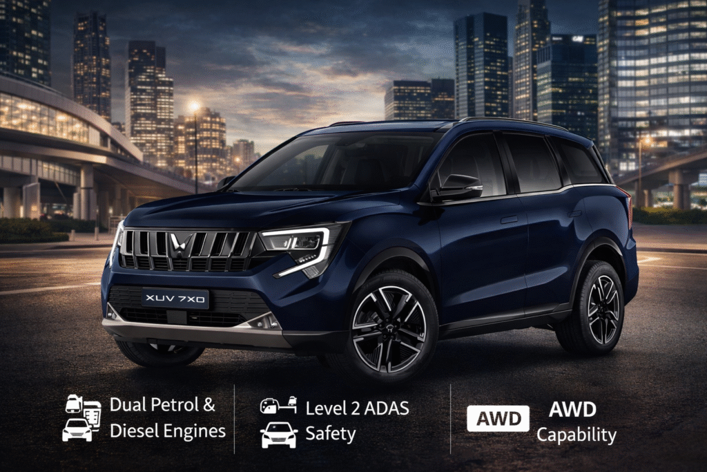 Mahindra XUV 7XO premium SUV parked on an urban road at dusk, highlighting bold front grille, LED headlights, alloy wheels, and modern city backdrop