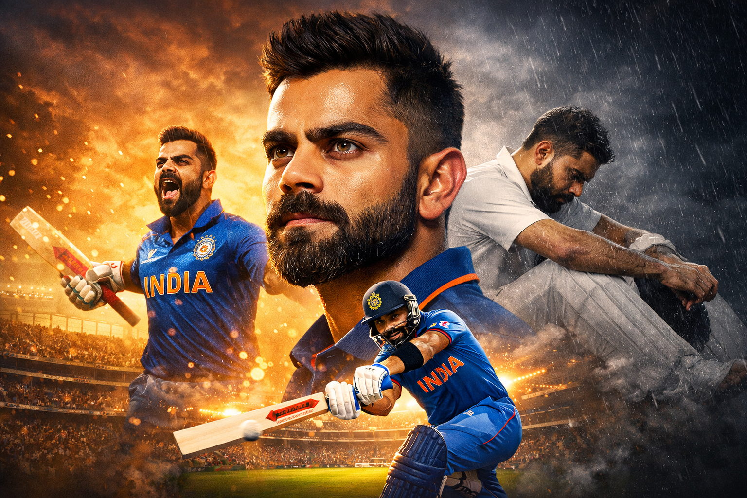 Virat Kohli representing rise, struggle, and comeback moments in his international cricket career