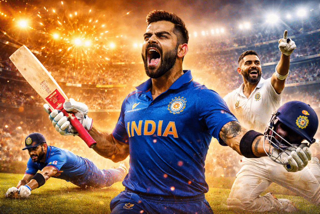 Virat Kohli celebrating a century for India, showing leadership, passion, and dominance as the face of Indian cricket across formats