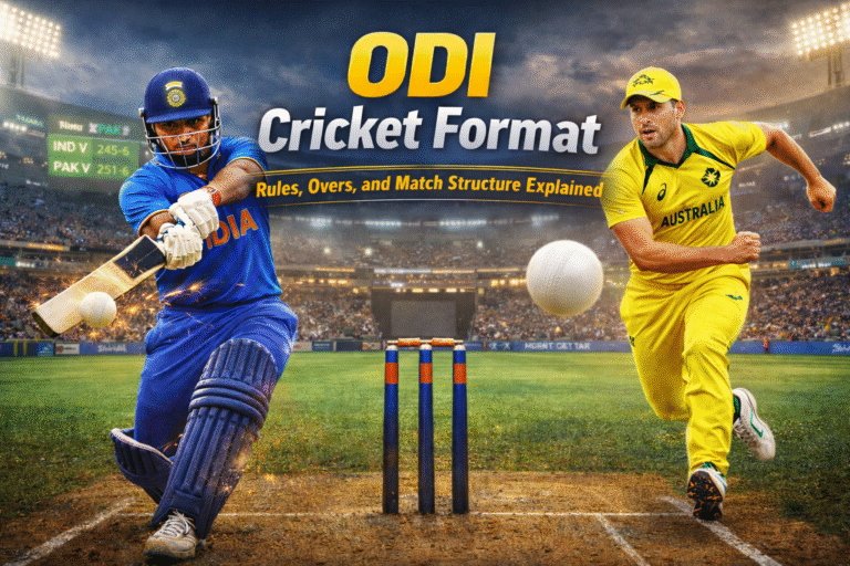 ODI cricket format explained showing India vs Australia match action with bat, ball, and stumps in a floodlit stadium.