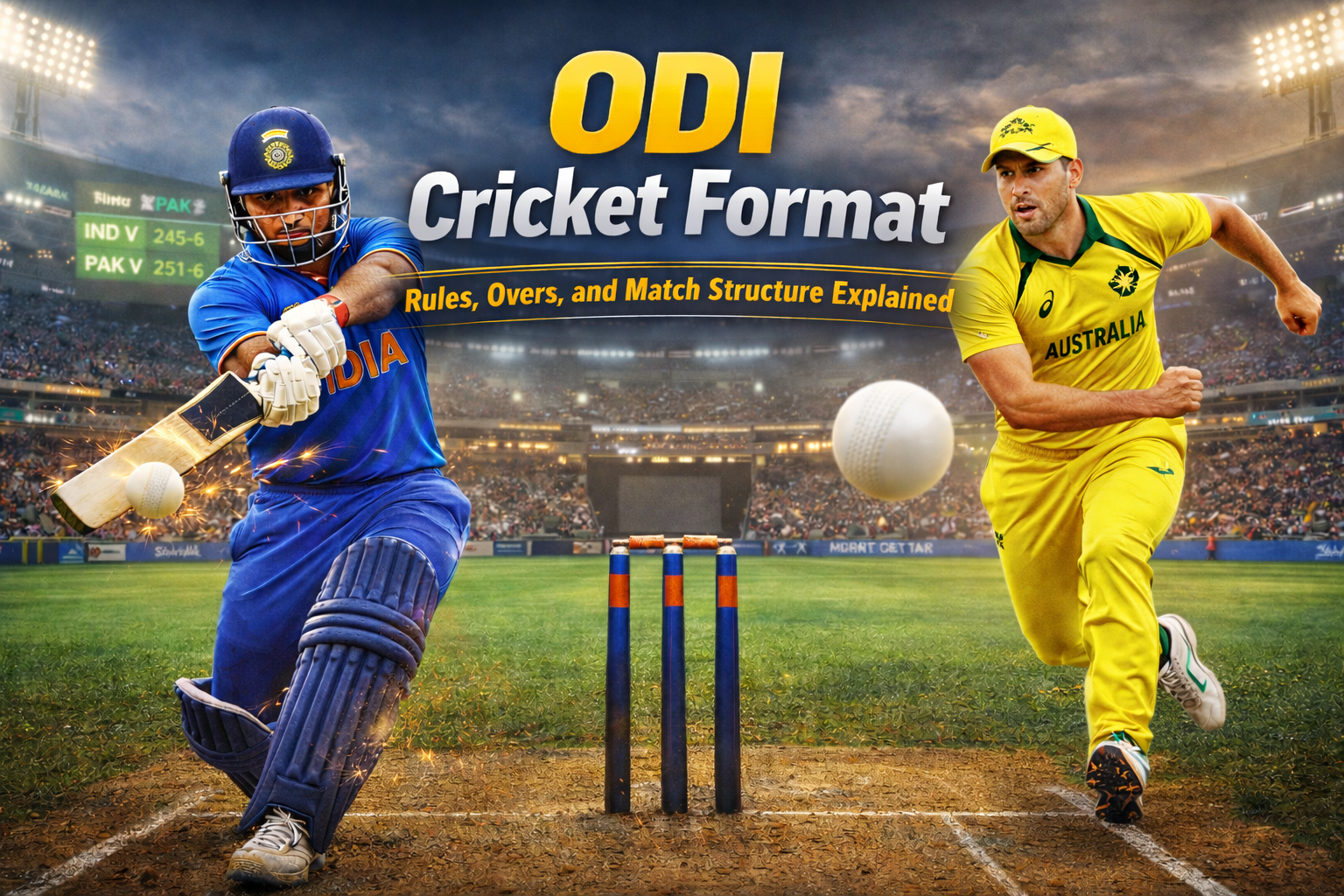ODI cricket format explained showing India vs Australia match action with bat, ball, and stumps in a floodlit stadium.