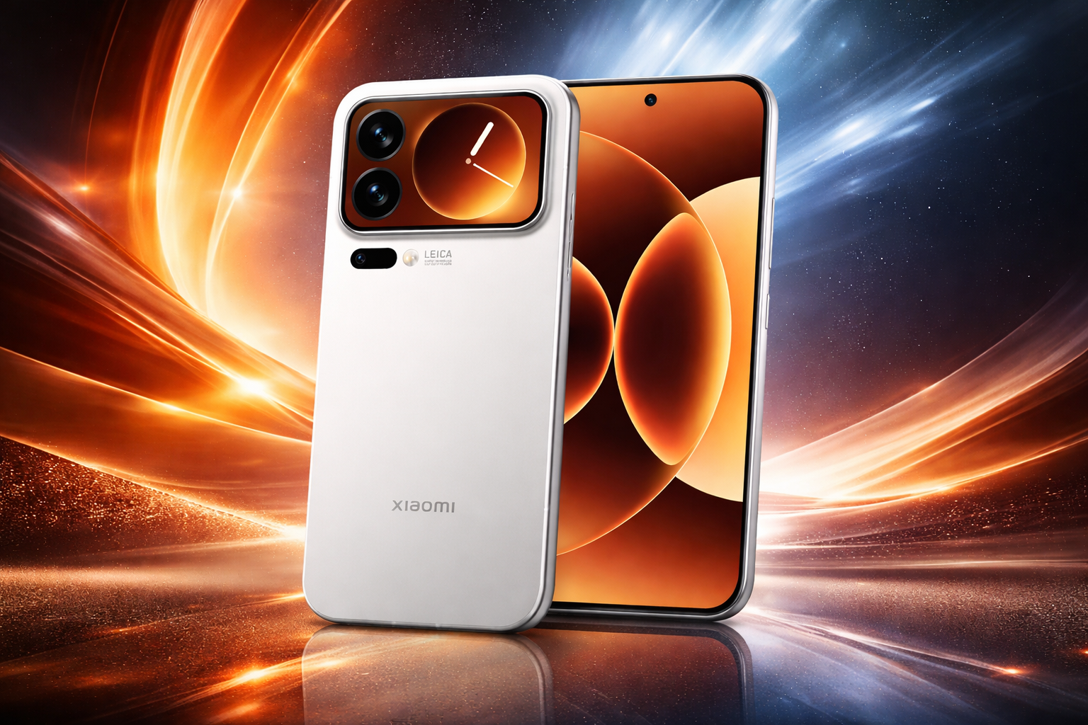Xiaomi 17 Pro Max smartphone with premium white design, large AMOLED display, and Leica camera module on a futuristic background
