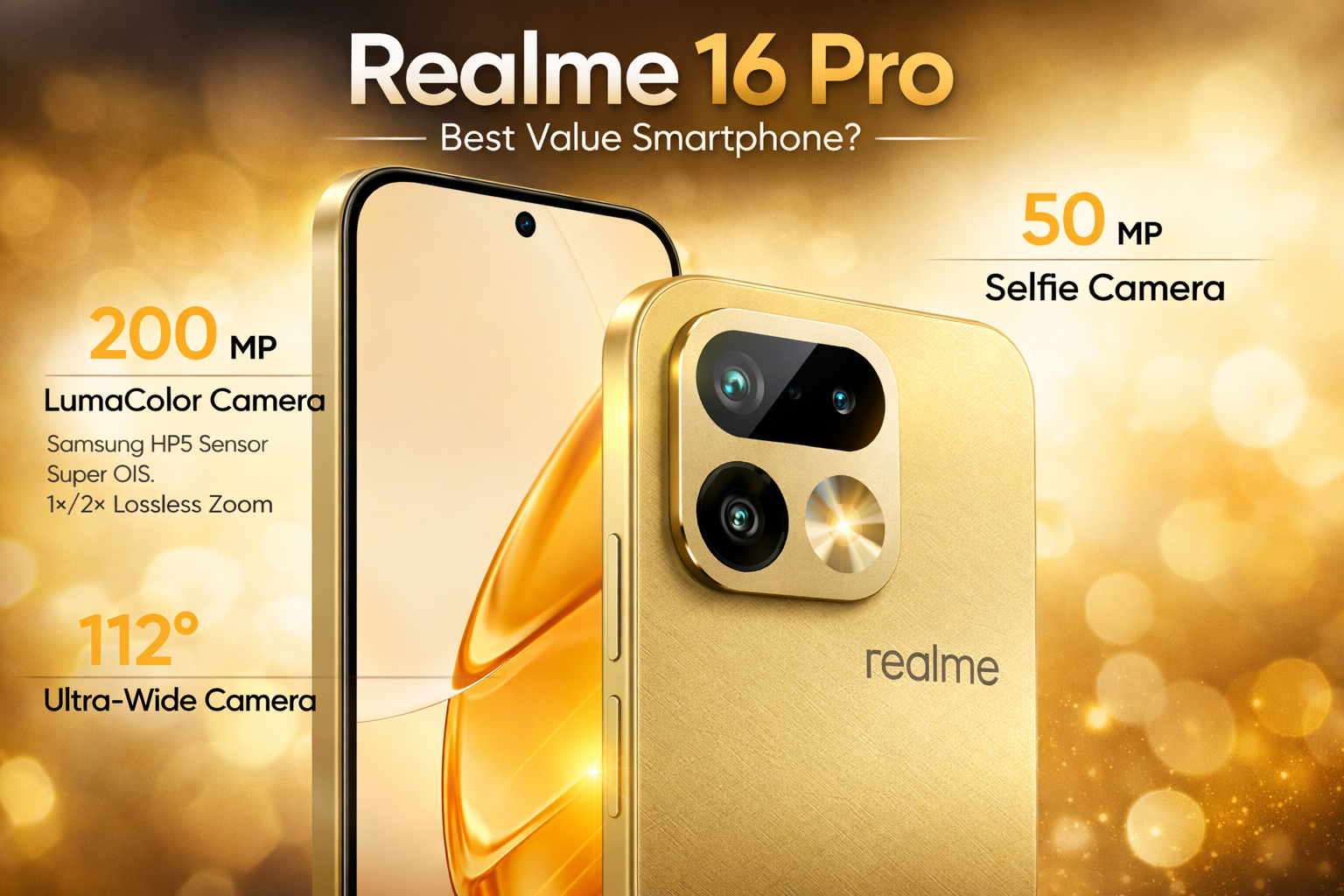 Realme 16 Pro smartphone featuring 200MP rear camera, 50MP selfie camera, and premium gold design