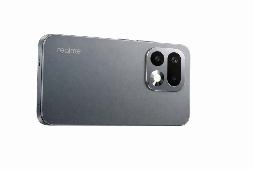 Realme 16 Pro smartphone with white background showcasing rear camera module and premium matte finish design
