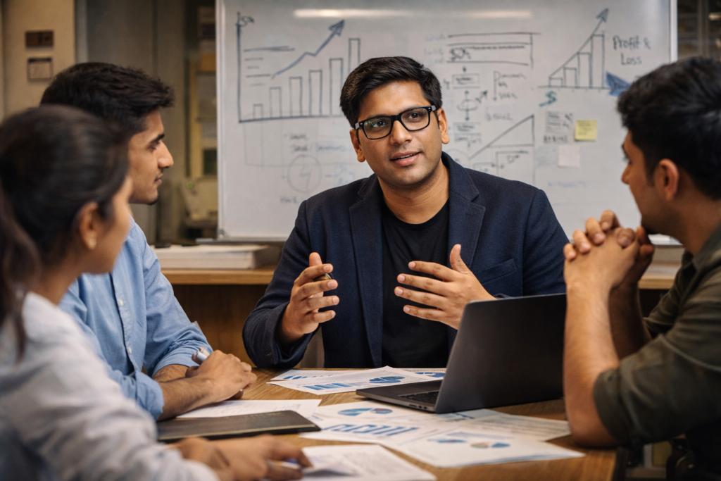 Peyush Bansal discussing business strategy with his team, highlighting leadership, execution, and problem-solving approach