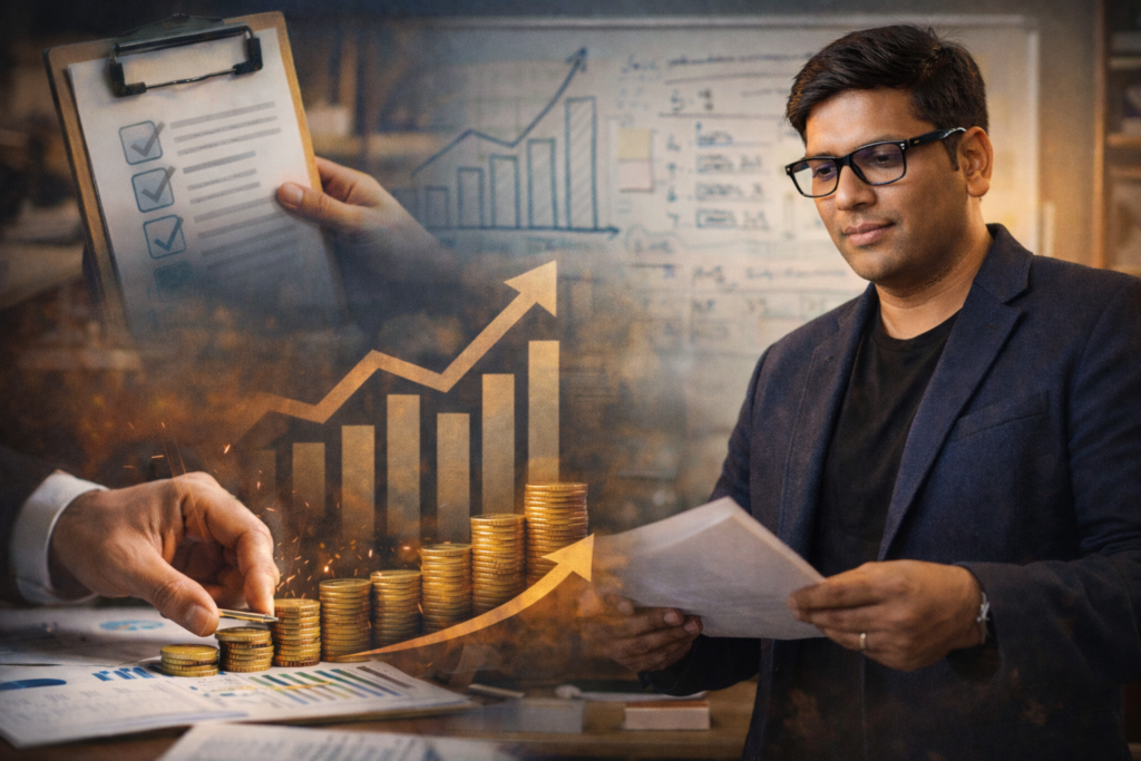 Peyush Bansal reviewing business documents with growth charts and stacked coins symbolizing execution-driven business success