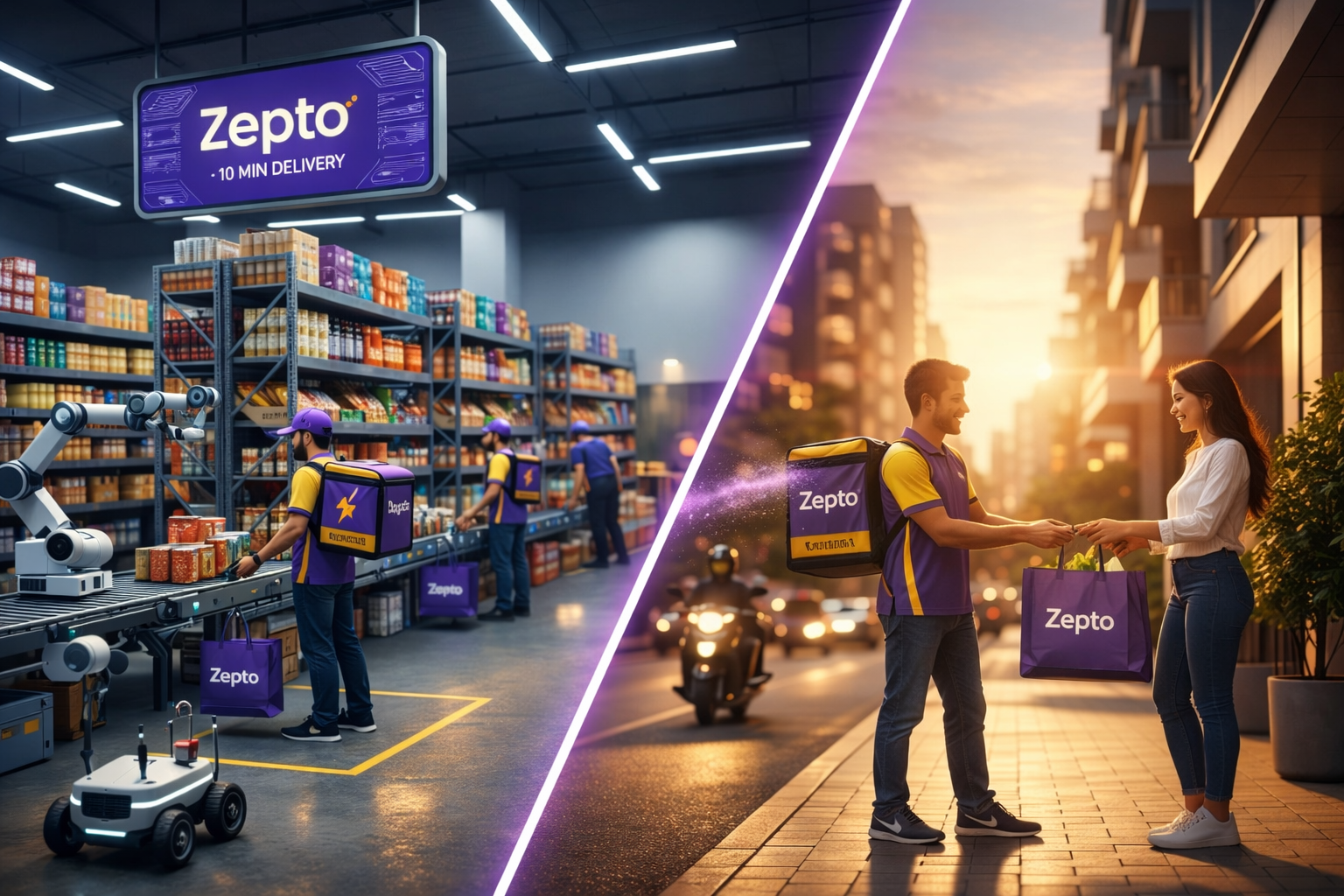 Zepto warehouse to doorstep grocery delivery showing fast order processing and last-mile delivery in an Indian city