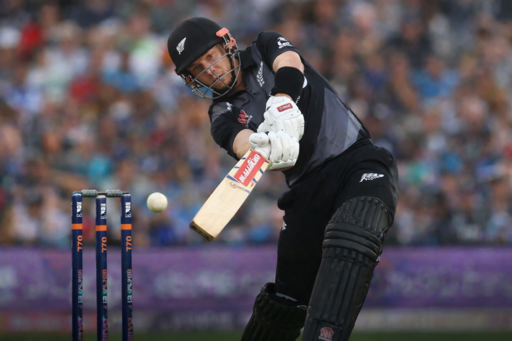 Tim Seifert playing an attacking white-ball cricket shot for New Zealand during a high-intensity match