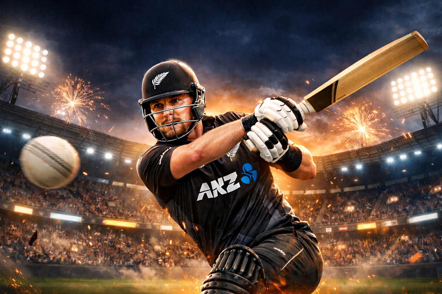 Tim Seifert T20 batting action for New Zealand, playing an explosive power shot during a high-intensity T20 cricket match