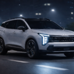 Kia Sportage Hybrid driving on a clean urban road at night with LED headlights and premium SUV design