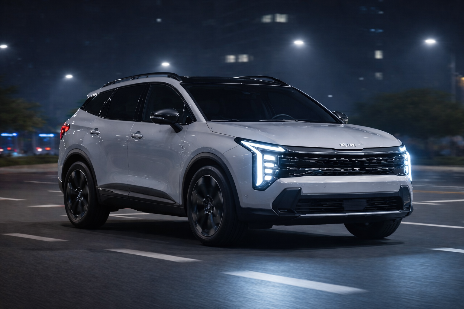 Kia Sportage Hybrid driving on a clean urban road at night with LED headlights and premium SUV design