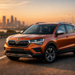 A premium Skoda Kushaq compact SUV parked on an Indian highway during golden hour, showcasing a confident front three-quarter design and modern road presence.