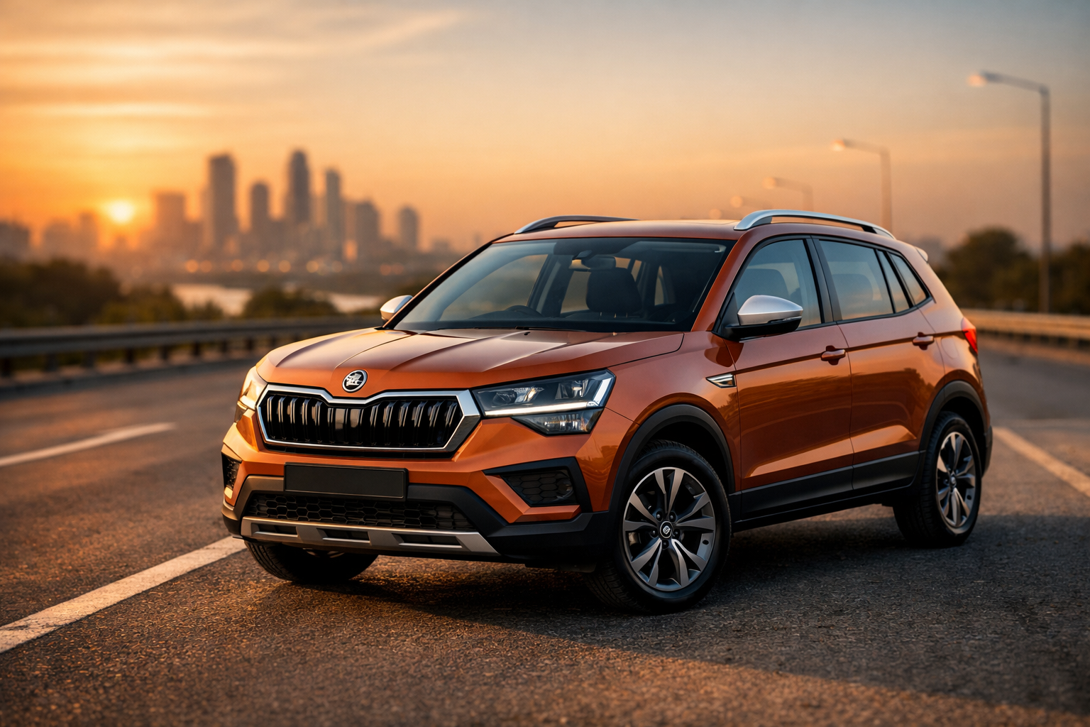 A premium Skoda Kushaq compact SUV parked on an Indian highway during golden hour, showcasing a confident front three-quarter design and modern road presence.