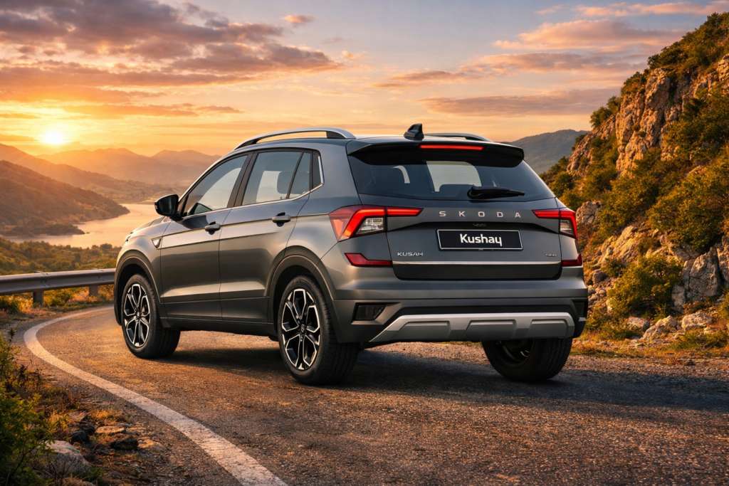 Rear three-quarter view of the Skoda Kushaq parked straight on a scenic mountain road during sunset, highlighting its premium design, strong stance, and highway-ready appeal.