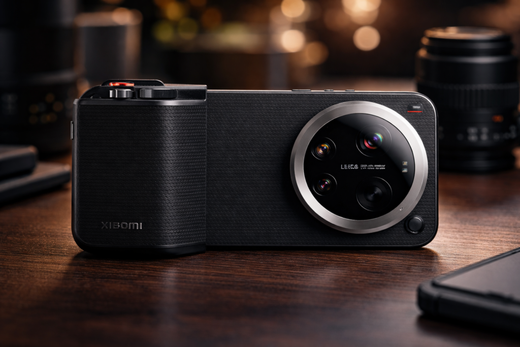 Xiaomi 17 Ultra camera-focused smartphone with Leica-style large lens design on cinematic blurred background