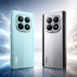 POCO M8 smartphones in blue and silver color variants with quad camera setup shown on a futuristic background