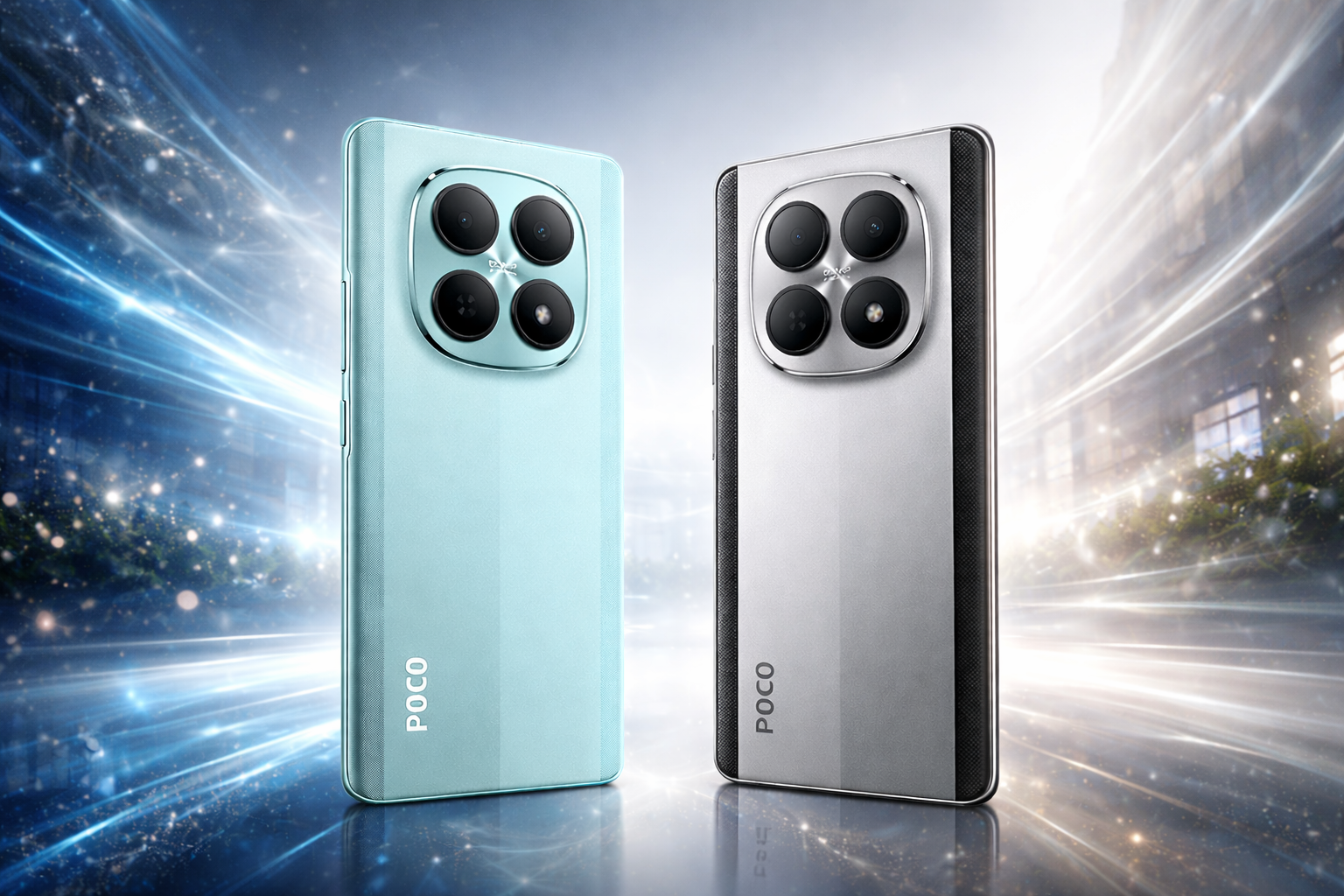 POCO M8 smartphones in blue and silver color variants with quad camera setup shown on a futuristic background