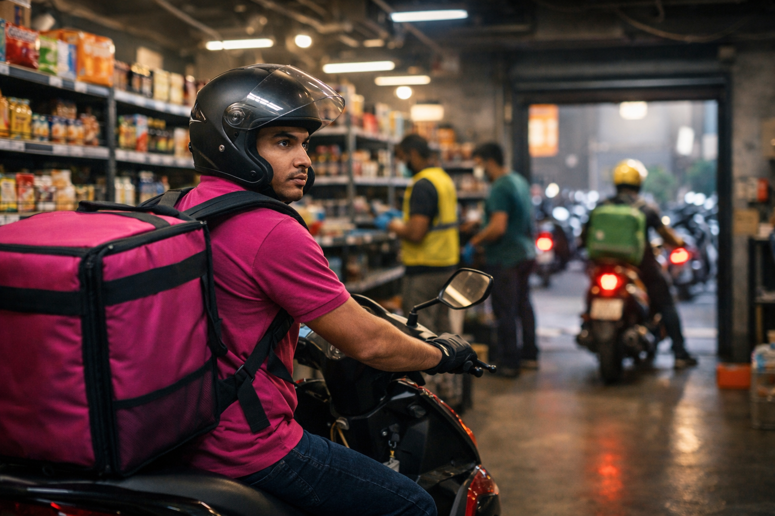 10-minute delivery rider picking up grocery order from a dark store warehouse
