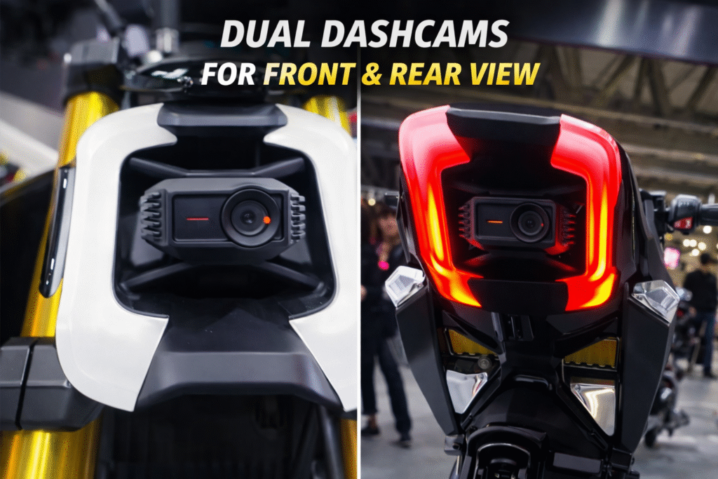 TVS e.FX.30 dual dashcams showing front-mounted camera and rear camera integrated with LED tail light