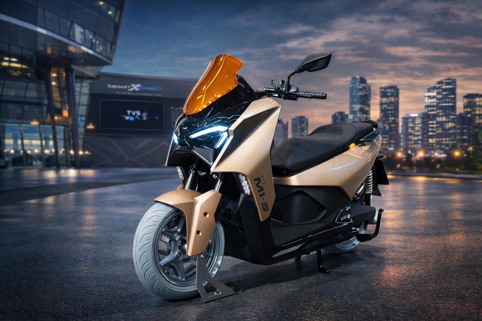 TVS M1-S electric maxi scooter with premium gold finish in futuristic city background
