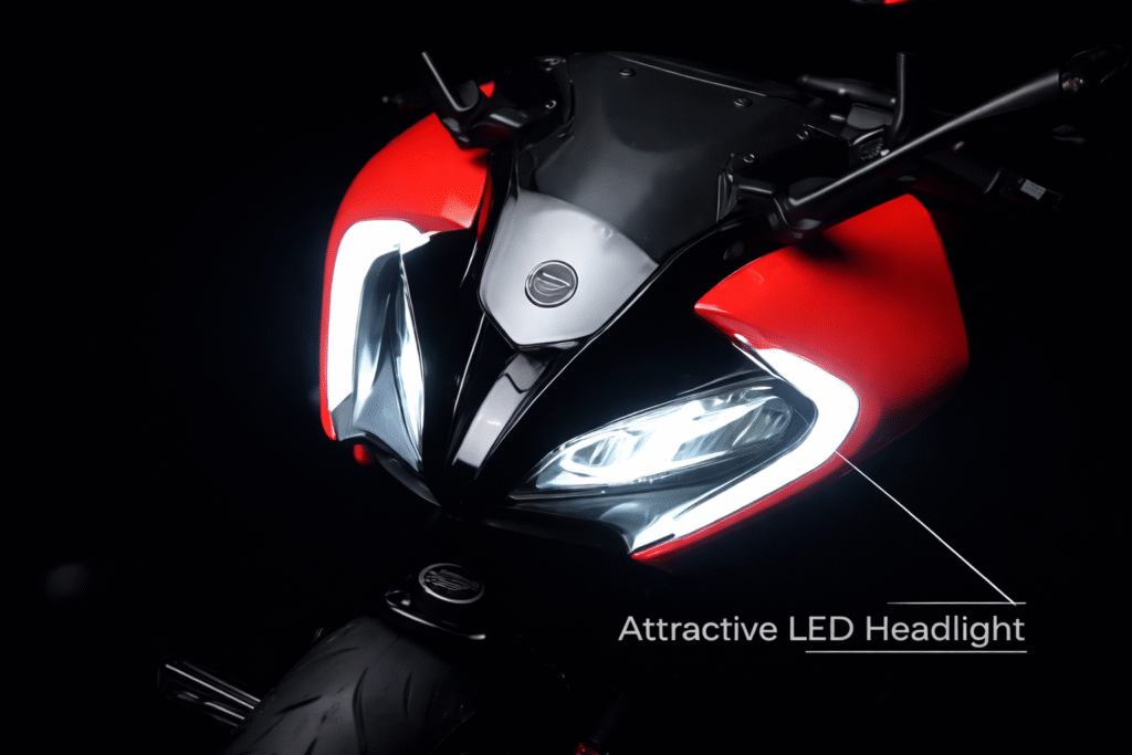 Keeway RR 300 LED headlight close-up highlighting aggressive sportbike design