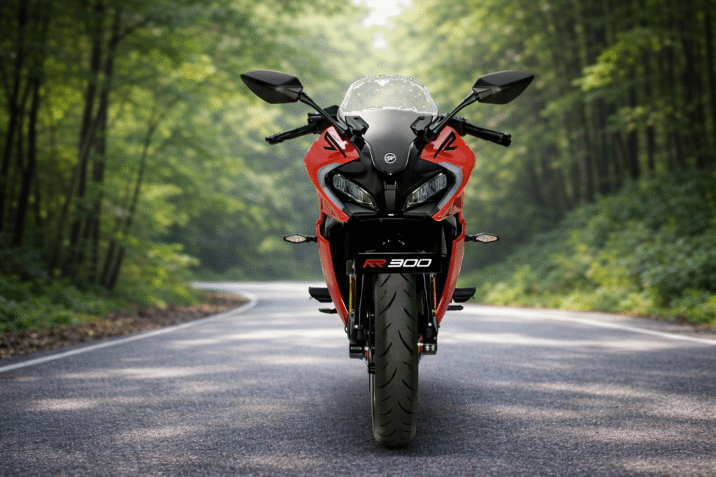 Keeway RR 300 fully-faired sportbike front view on forest road