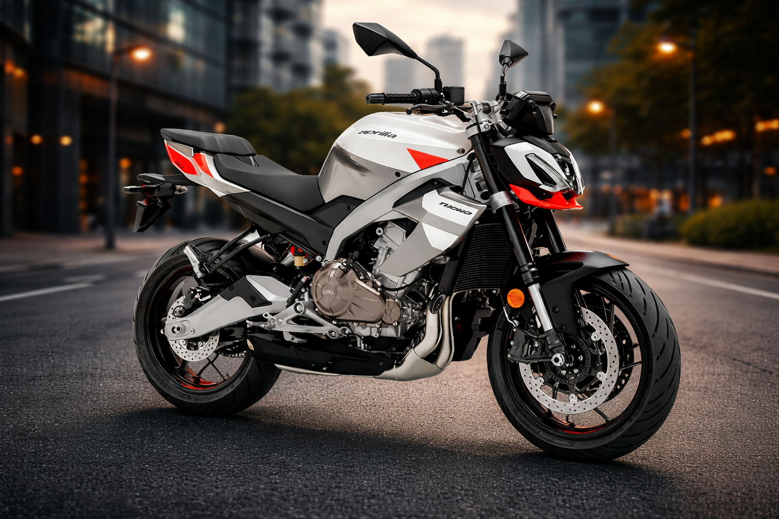 Aprilia Tuono 457 naked streetfighter motorcycle on urban road background