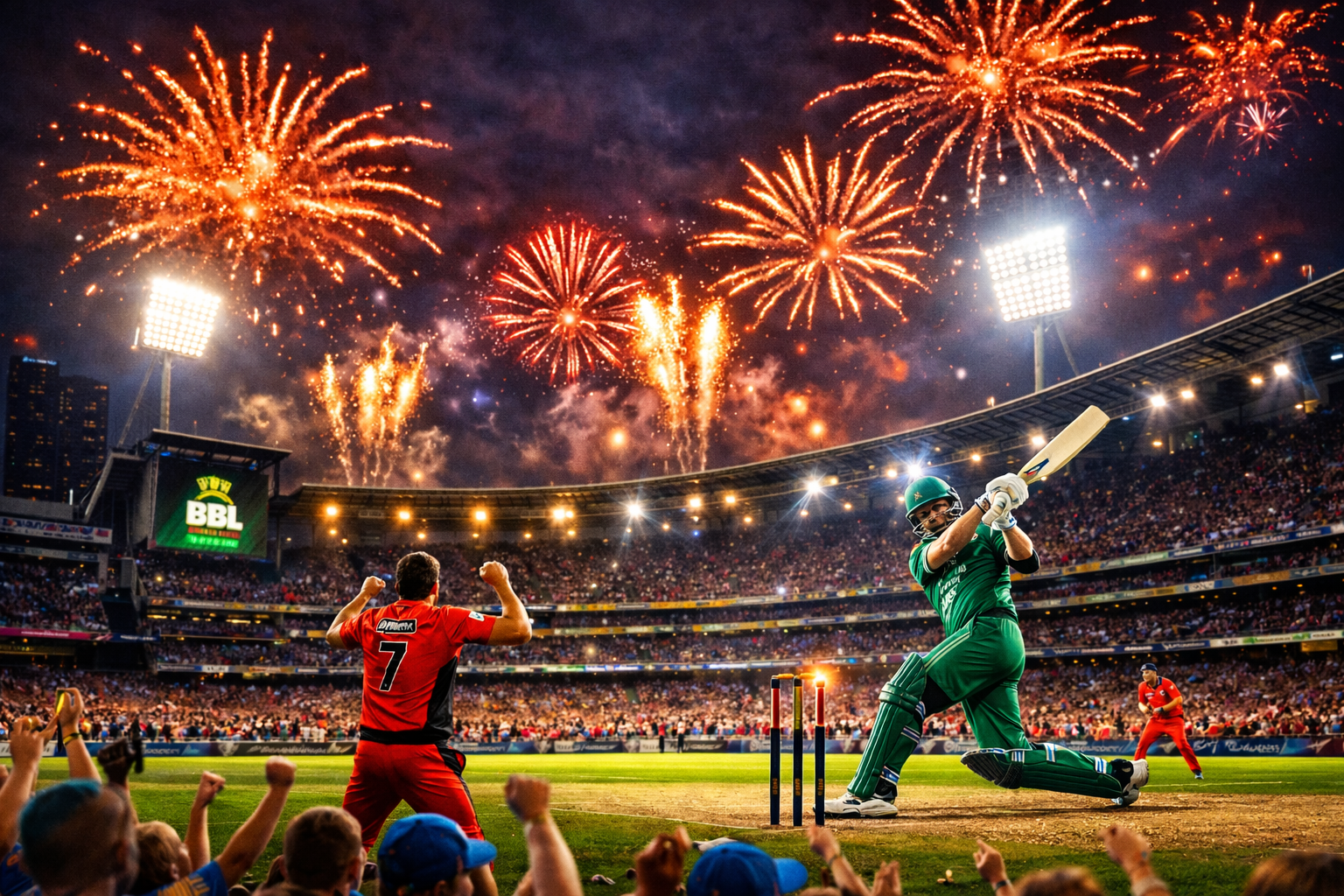 Big Bash League night match with fireworks, packed stadium, and batsman playing an aggressive T20 shot