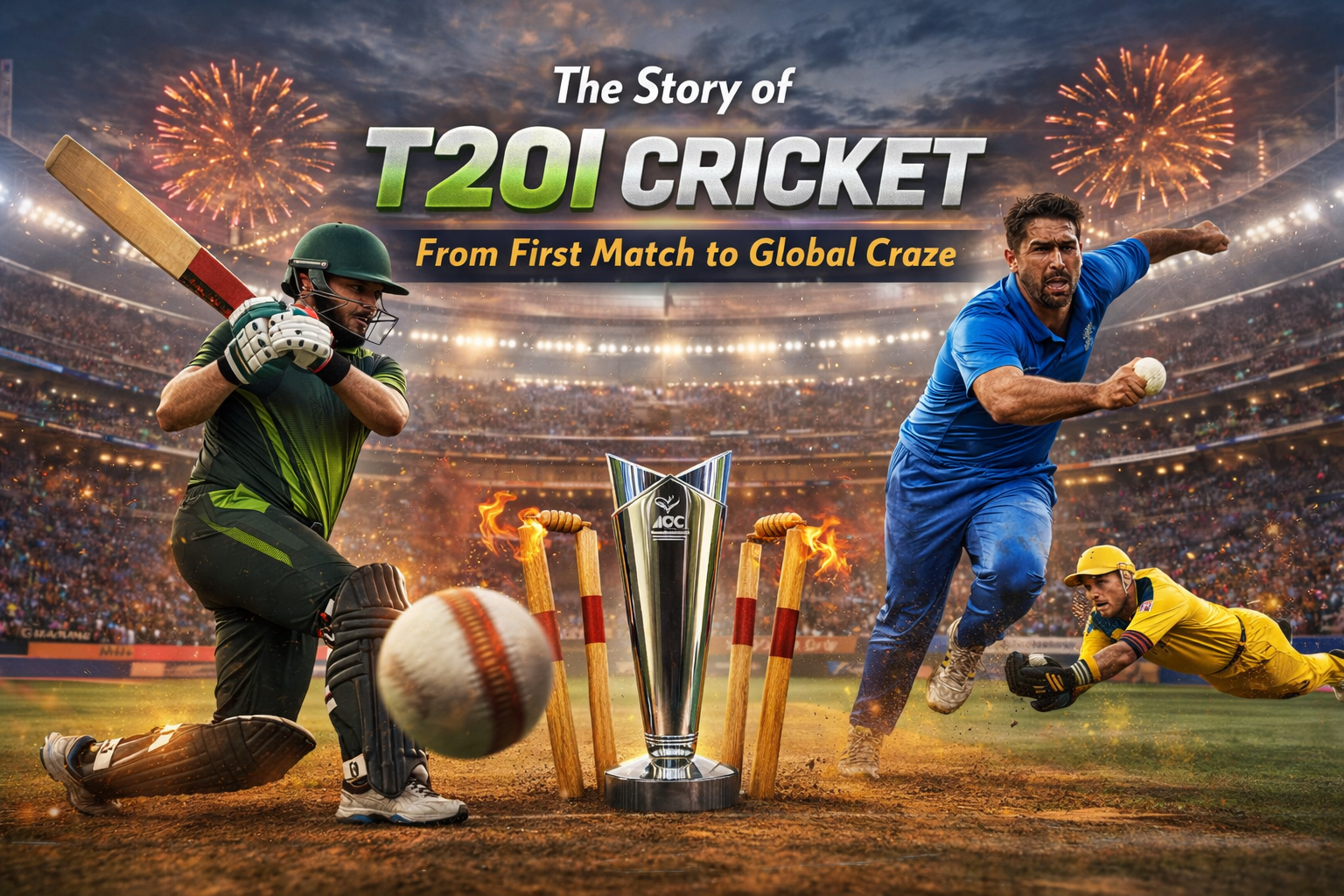 T20I cricket match action featuring batsman, bowler, diving fielder and ICC T20 World Cup trophy in a packed stadium