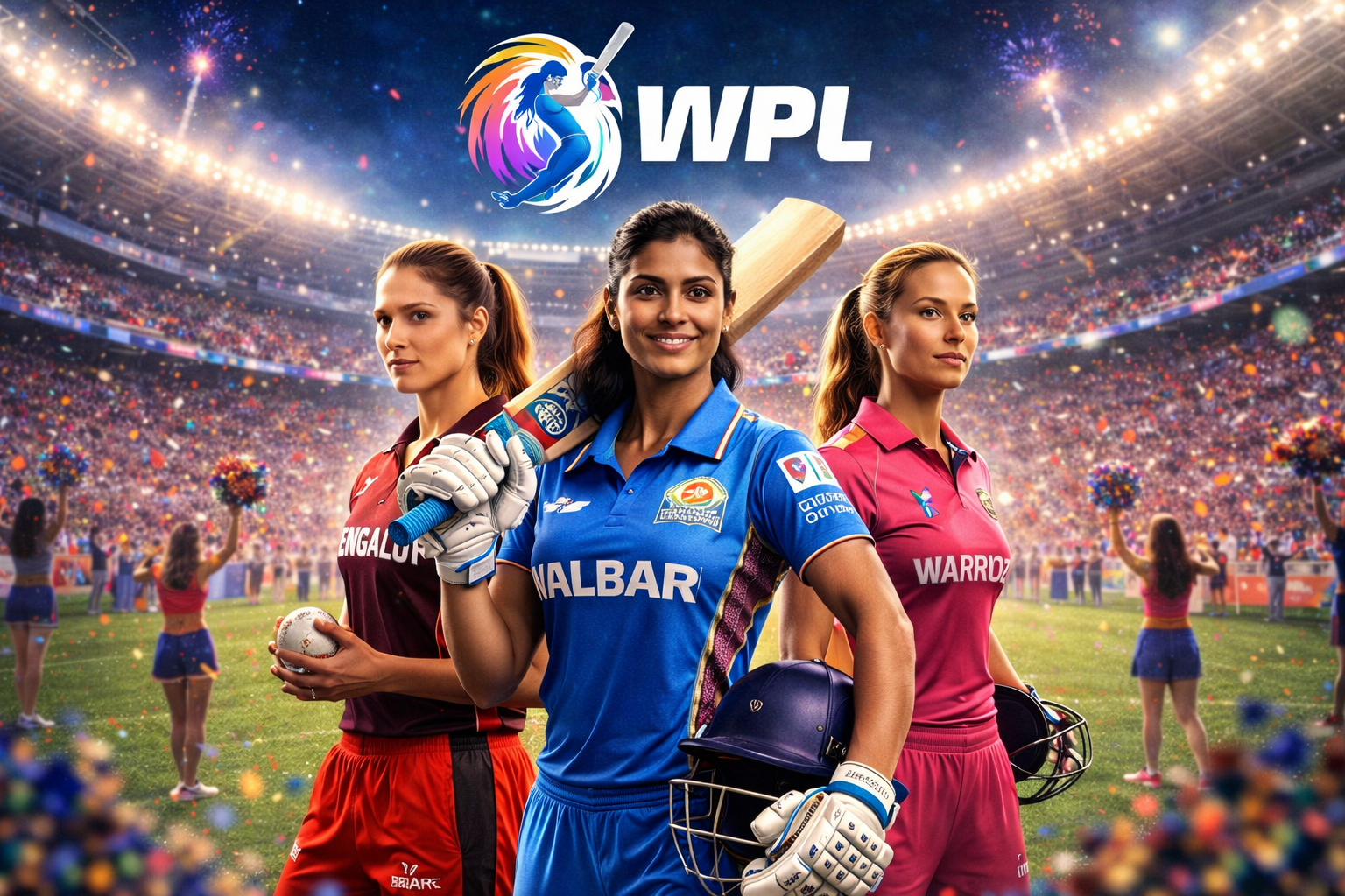 Women’s Premier League featured image showing star women cricketers in action at a packed stadium under lights