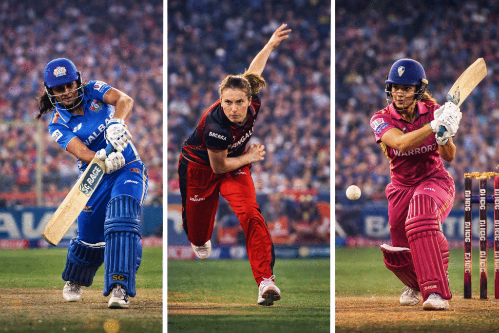 Women’s Premier League match action showing women cricketers batting and bowling under stadium lights