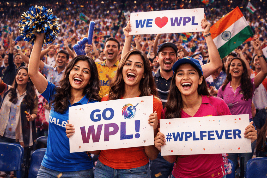 Women’s Premier League fans cheering in a packed stadium, holding WPL banners and celebrating women’s cricket