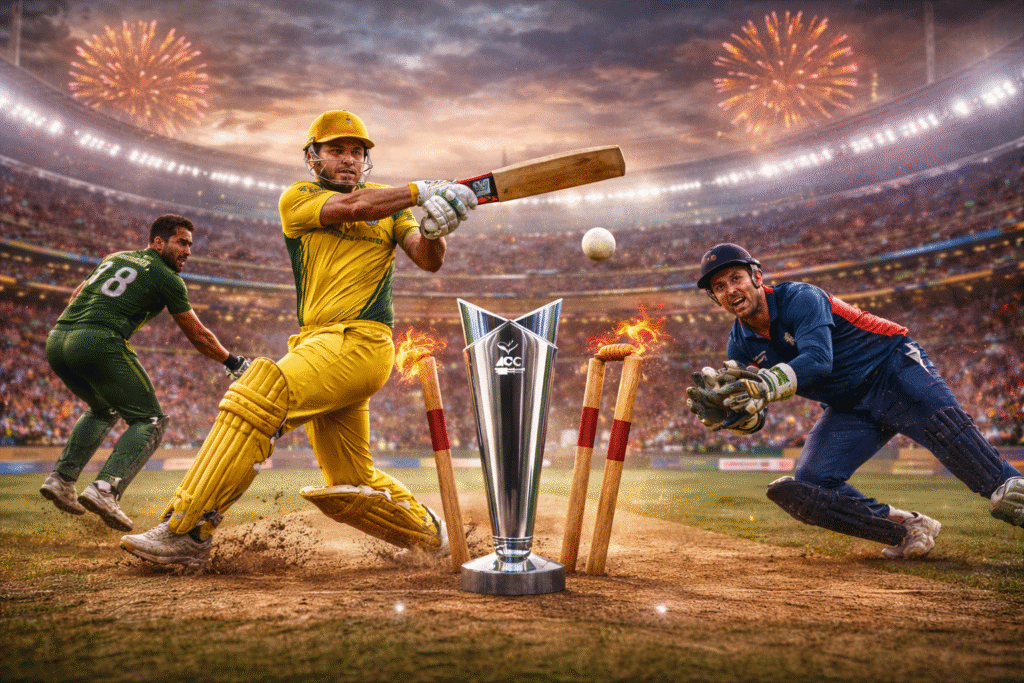 T20I cricket match action showing international batsman playing an aggressive shot with bowler and wicketkeeper in a packed stadium