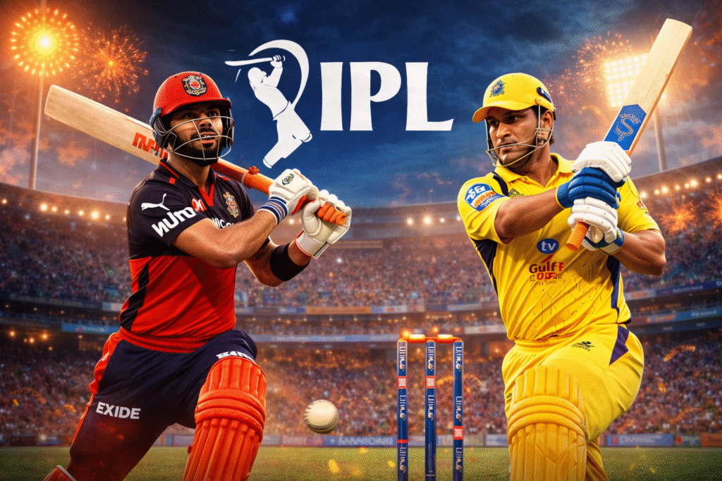 IPL match action featuring star players in a packed stadium