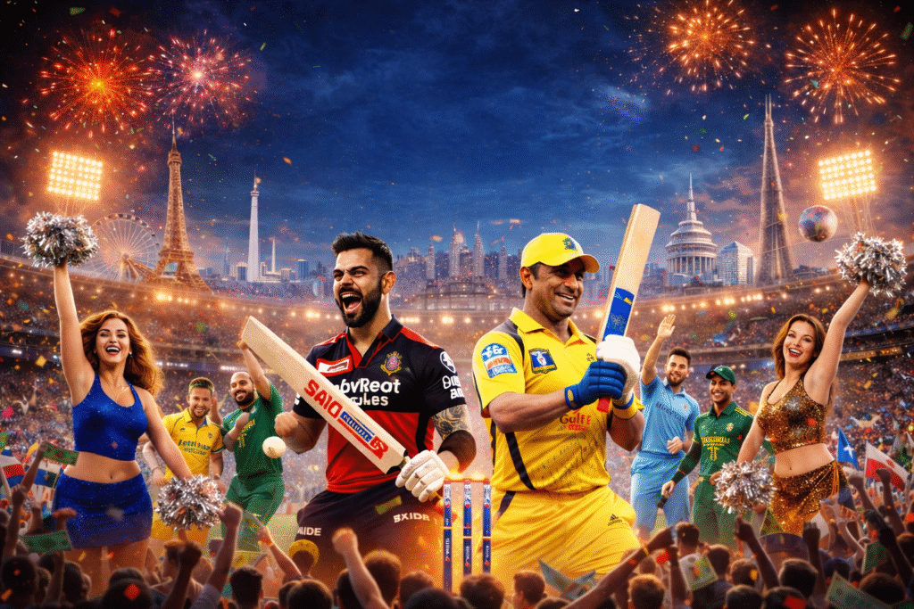 IPL global cricket carnival with star players, international crowd, fireworks, and festive stadium atmosphere