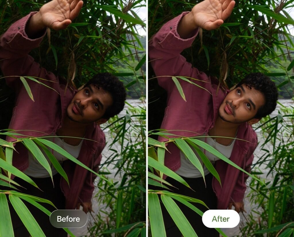 OPPO Reno 15 Series camera before and after comparison showing enhanced portrait clarity, better lighting, and improved color accuracy in outdoor photography
