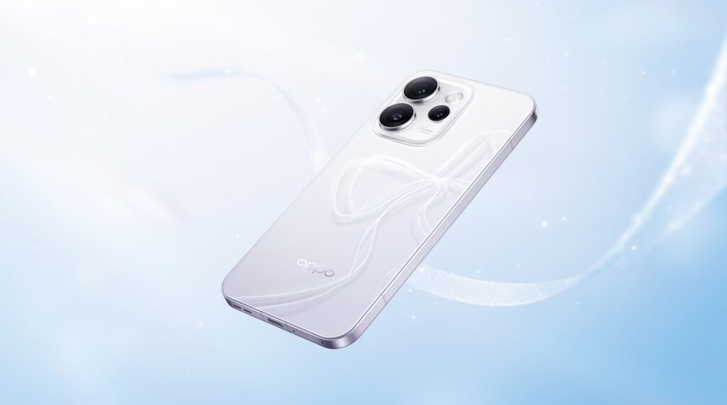OPPO Reno 15 Series 5G smartphone with premium white glass back, triple camera module, and elegant design floating on a soft blue background