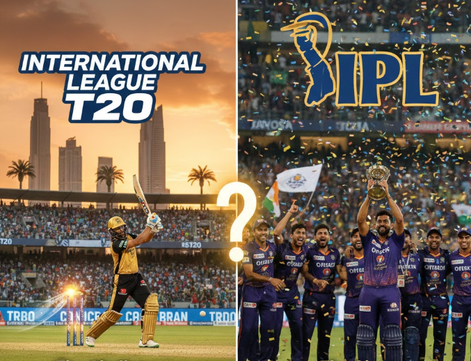 International League T20 vs IPL comparison showing ILT20 batsman in UAE stadium and IPL team celebrating trophy win