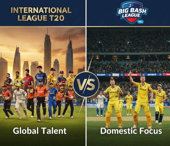 International League T20 vs Big Bash League comparison showing global players in ILT20 and domestic-focused teams in BBL