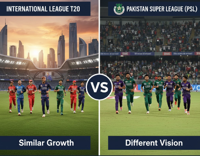 International League T20 vs Pakistan Super League comparison showing ILT20 teams in UAE stadium and PSL teams in packed home crowd environment