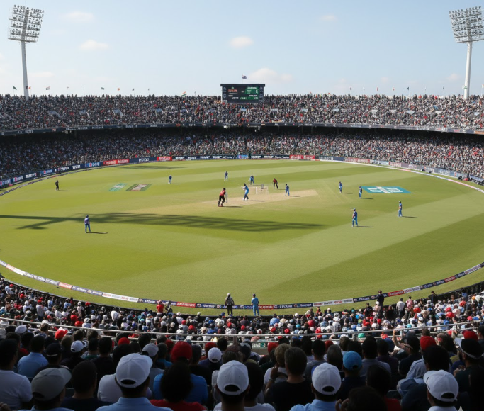 One Day International (ODI) cricket match in a packed stadium showing a full ground view with players positioned on the field during live play